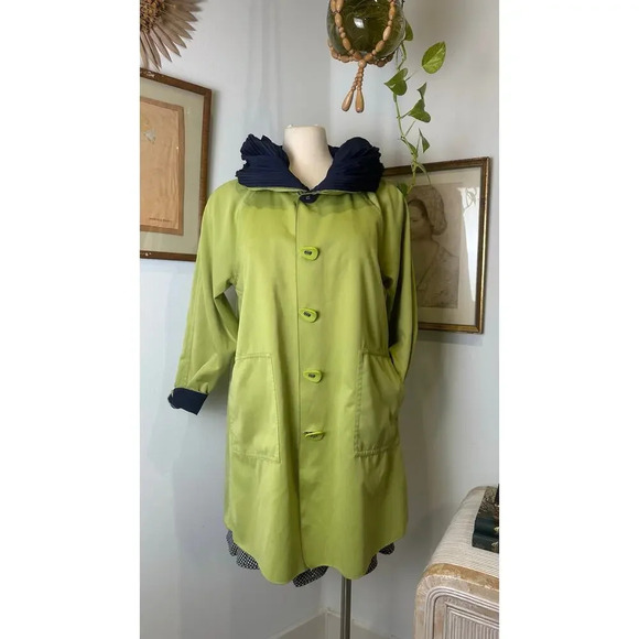VTG Reversible Coat Navy Green Oversized Hooded Raincoat Classic Outwear Jacket - Picture 8 of 10